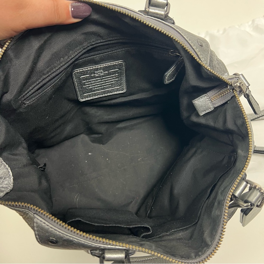 Coach Mickie Satchel Purse Metallic Pewter Gunmetal Gray Leather - Picture 9 of 10